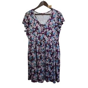 Your Style Womens XL Floral Button Front V-Neck Flutter Sleeve Dress Purple Blue